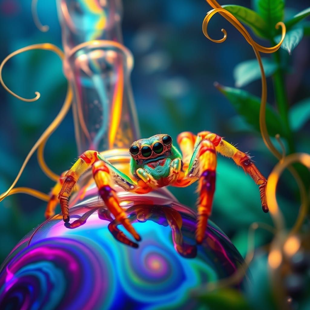 Psychedelic Jumping Spider in Vibrant, Ethereal Landscape