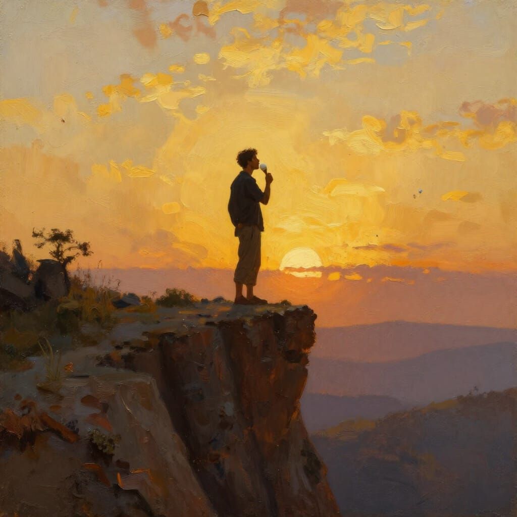 Man Savors Ice Cream on Cliff at Golden Hour Oil Painting