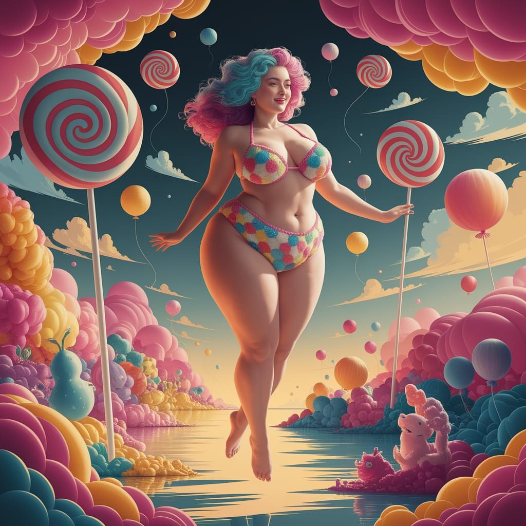 Candy Dreamscape with Curvy Character in Cartoon Style