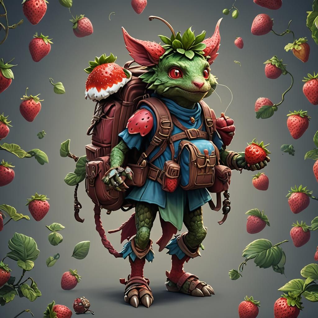 Kobold Teenager with Strawberry Plushie, Fantasy Art