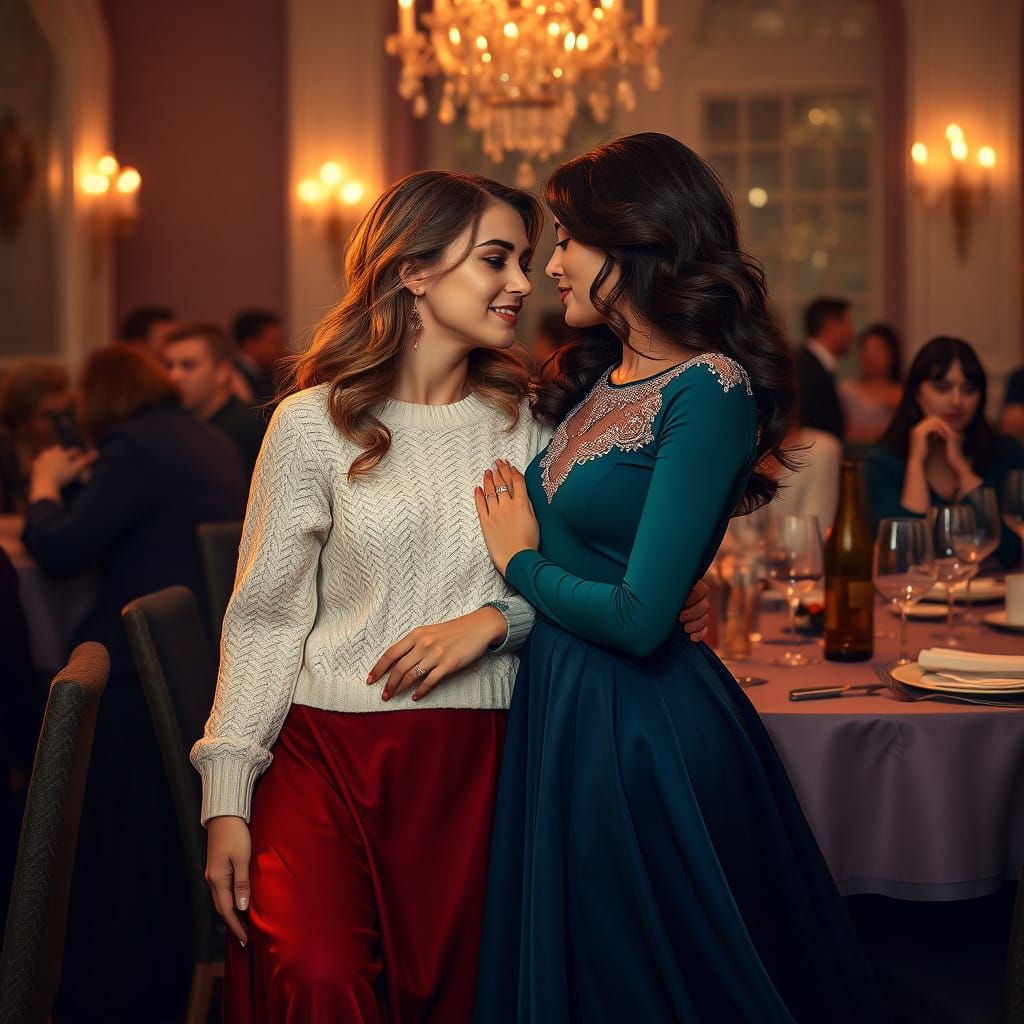 Elegant Women Share a Tender Moment at Dinner