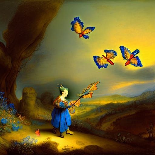 Blue Dragon's Golden Hour: A Rembrandt-Style Meadow