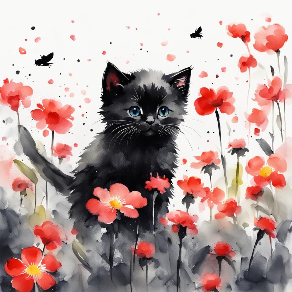 Minimalist Ink Painting of Cute Kitten in Garden