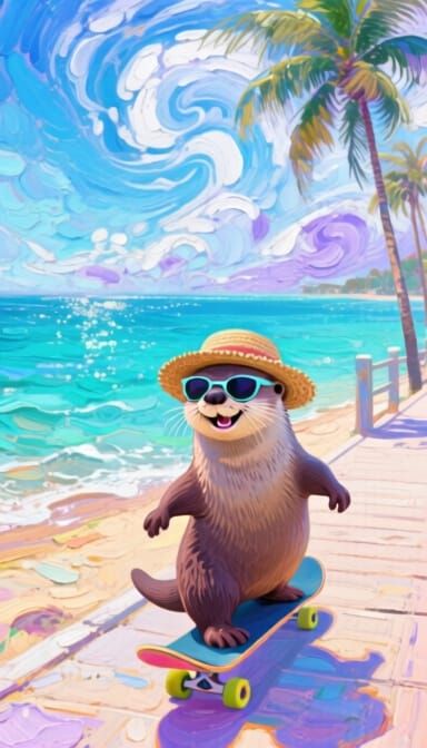 Sun-drenched beach where a playful otter wearing a tiny stra...