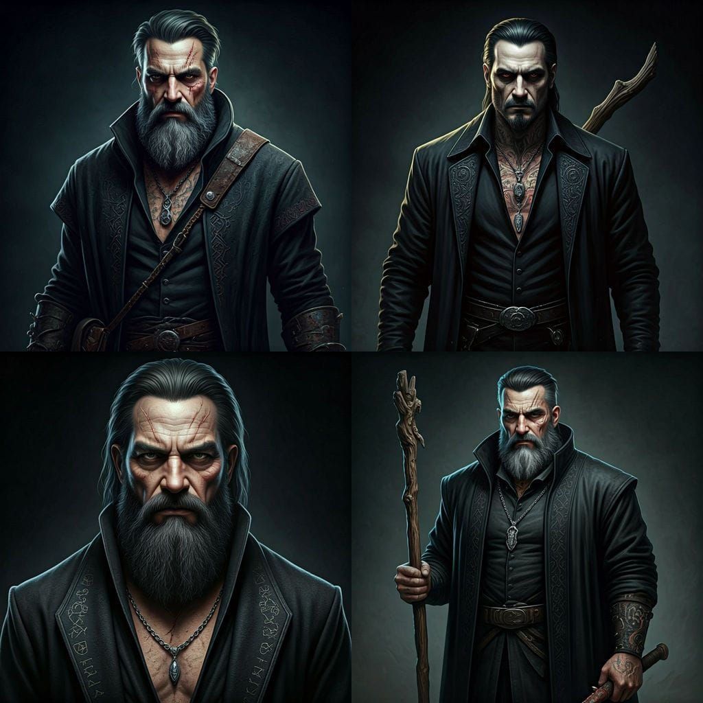 Dark Mysterious Figure with Sharp Features and Tattoos