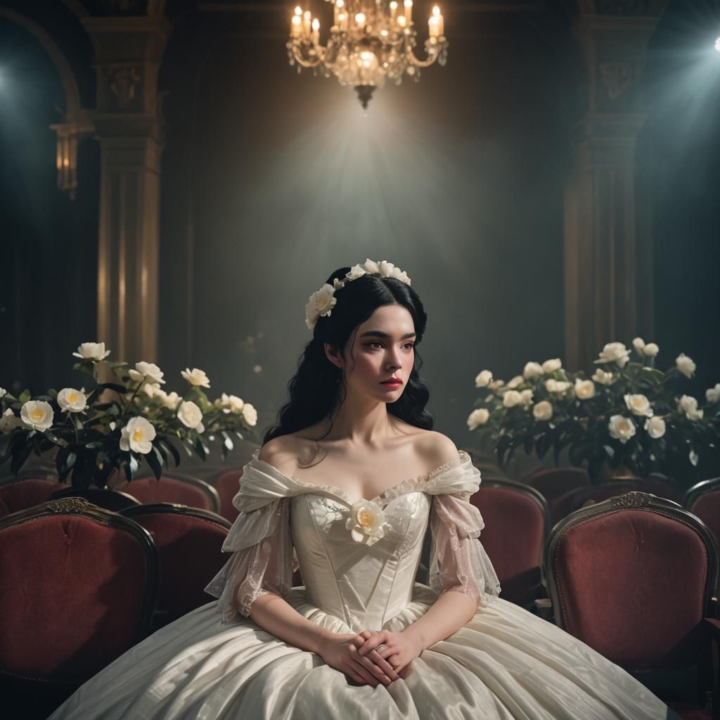 Eerie Girl with Camellias in Theater, Surreal Art