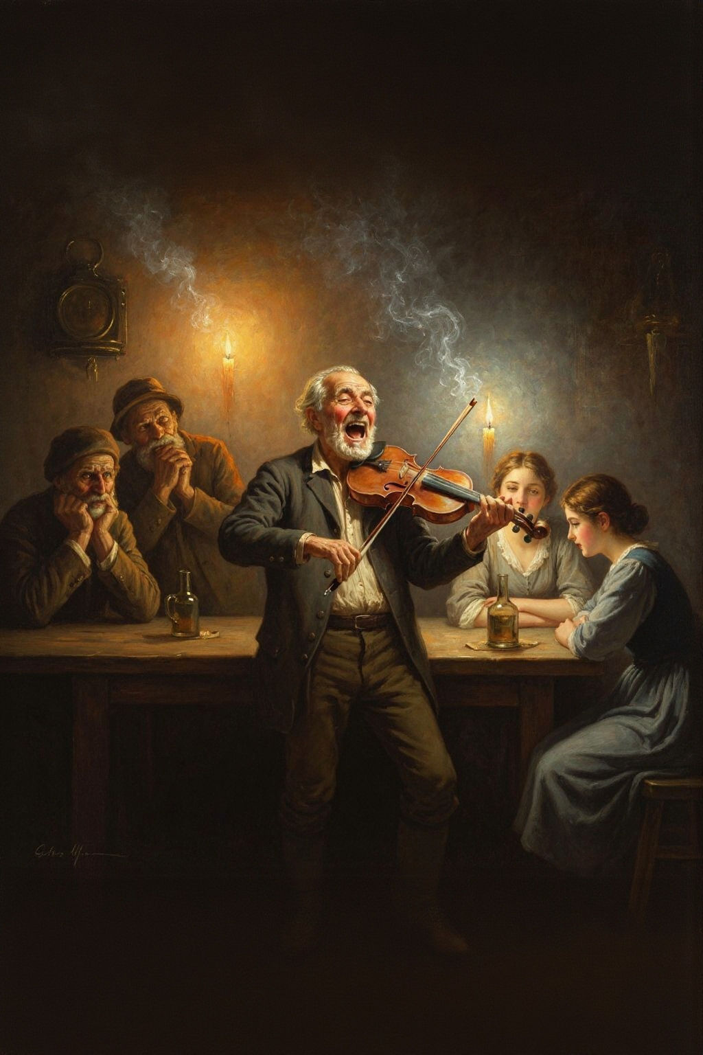 Ethereal Tavern Scene: Oil Painting of Fiddler and Captivate...