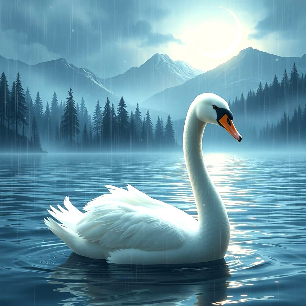 Stunning White Swan in Rainy Moonlit Lake