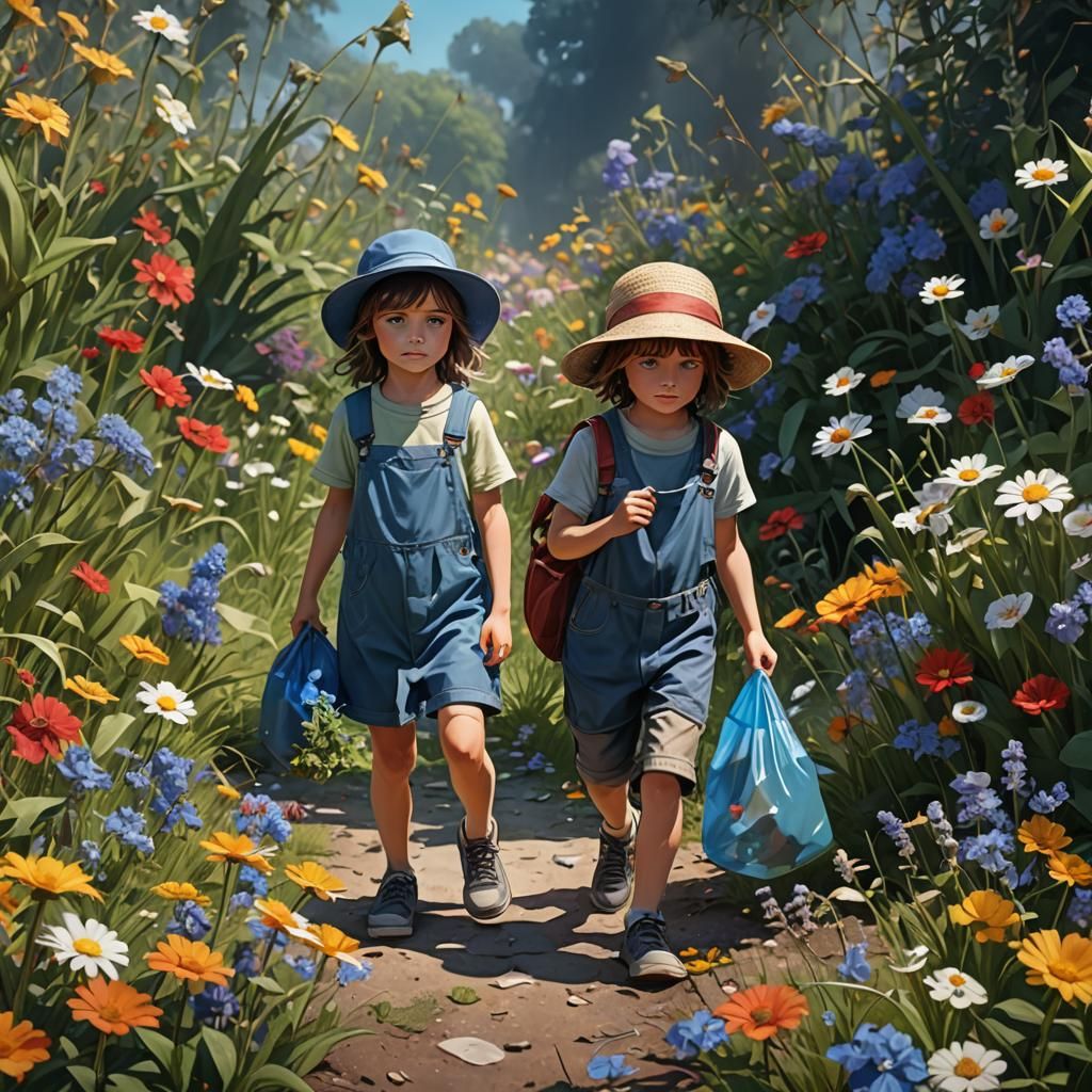 Children Amidst Vibrant Blooms in Whimsical Fantasy Landscap...