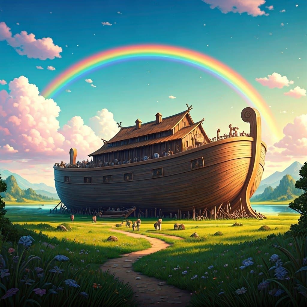Vibrant Rainbow Surrounded Noah's Ark in Whimsical Landscape