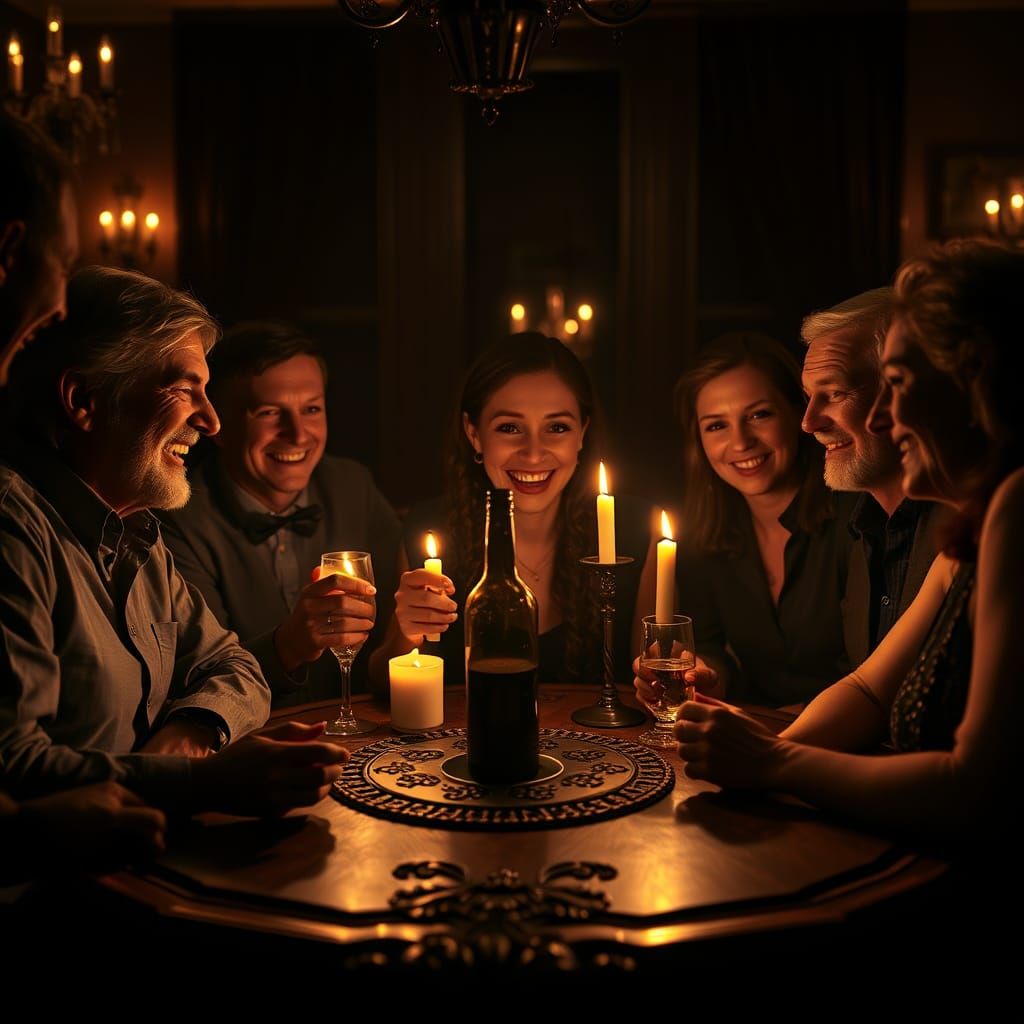 Friends Playing Spin the Bottle in Hyperrealism