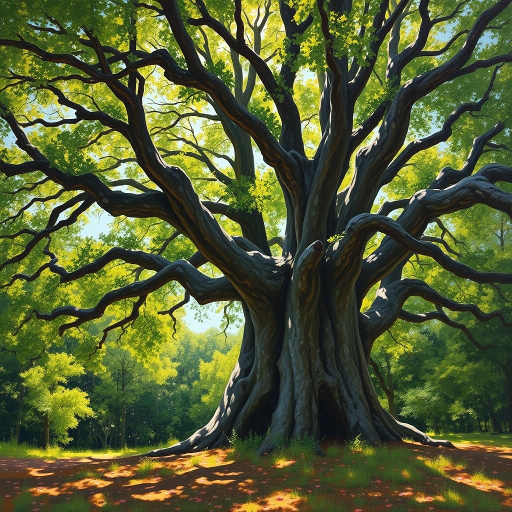 Giant Ancient Oak Tree in Vibrant Impasto Oil Style