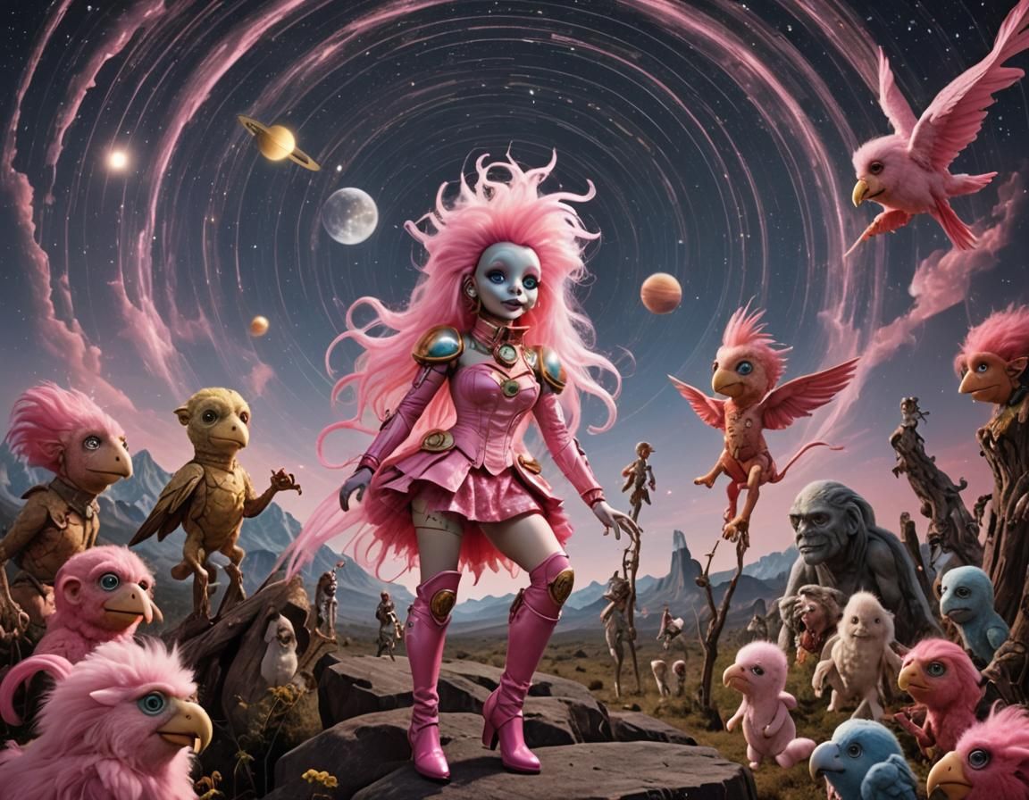 Surreal Intergalactic Dreamscape with Parrots and Dolls