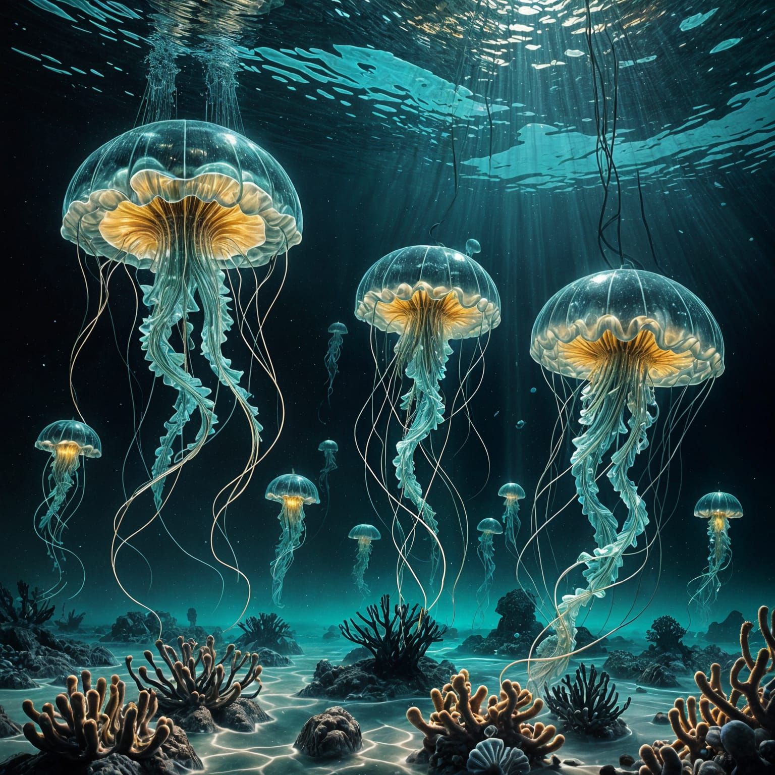 Surreal Cubist Jellyfish Emerge from Dark Ocean Depths