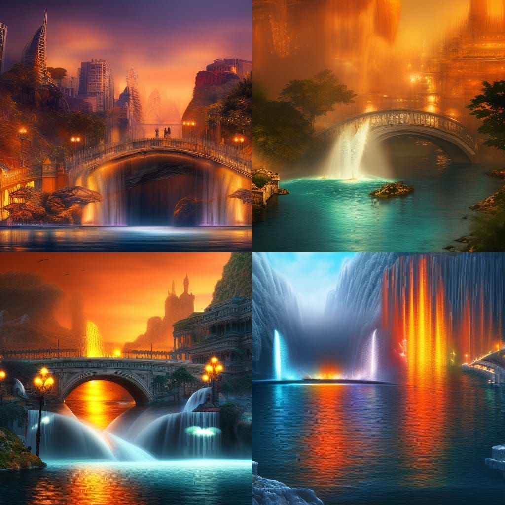 Hyperrealistic Ocean City with Bridges and Waterfalls