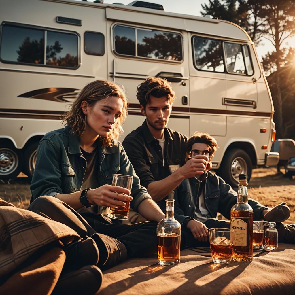 Couple Lounging by Motorhome in Hyper-Realistic Style
