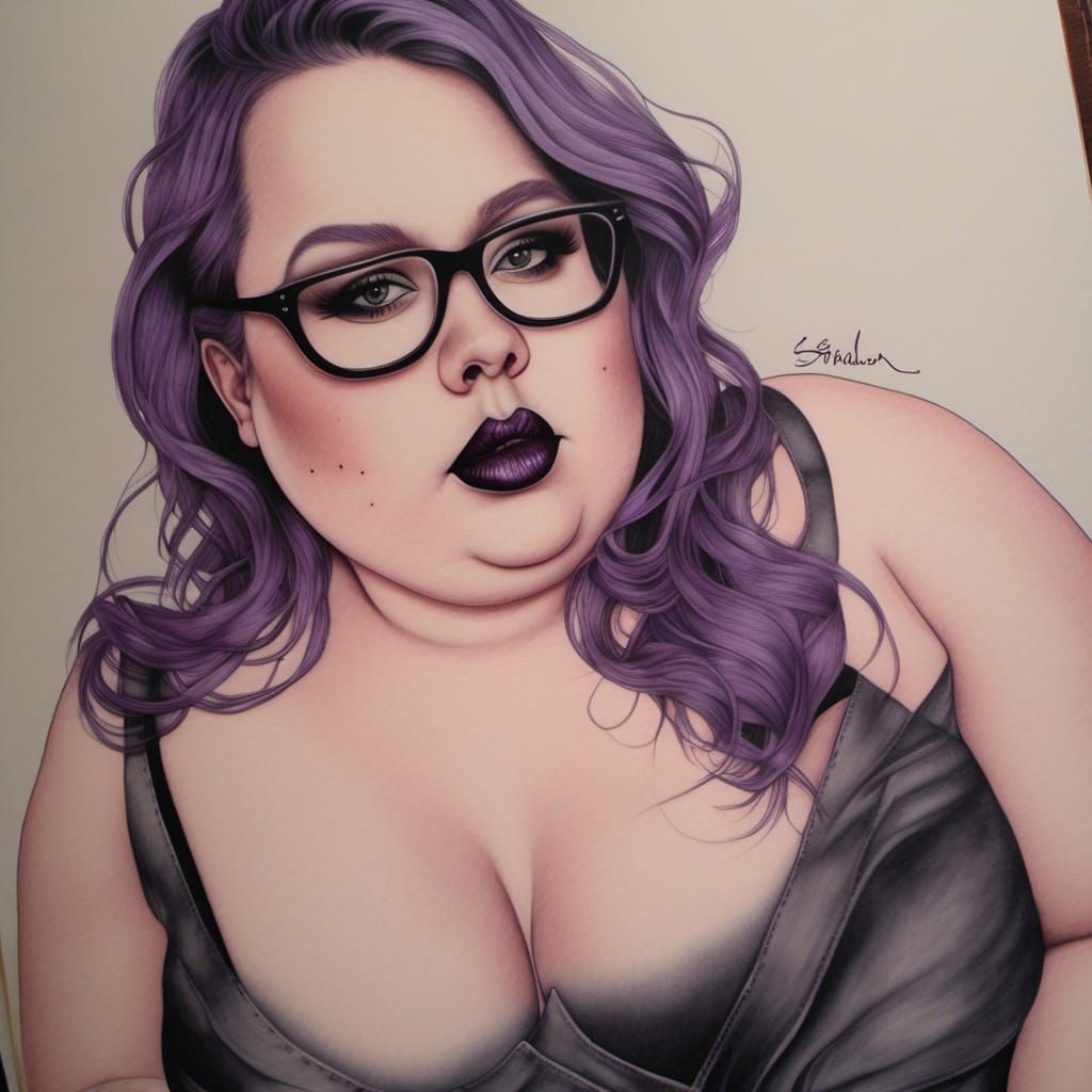 bbw Cute. makeup. large glasses. Mauve pâle latex catsuit ....