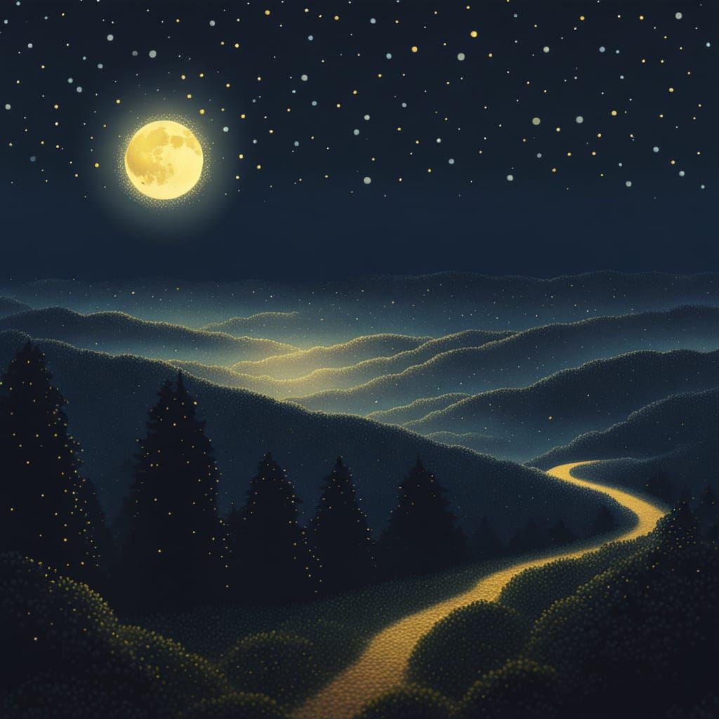 Moonlit Landscape in Pointillist Style