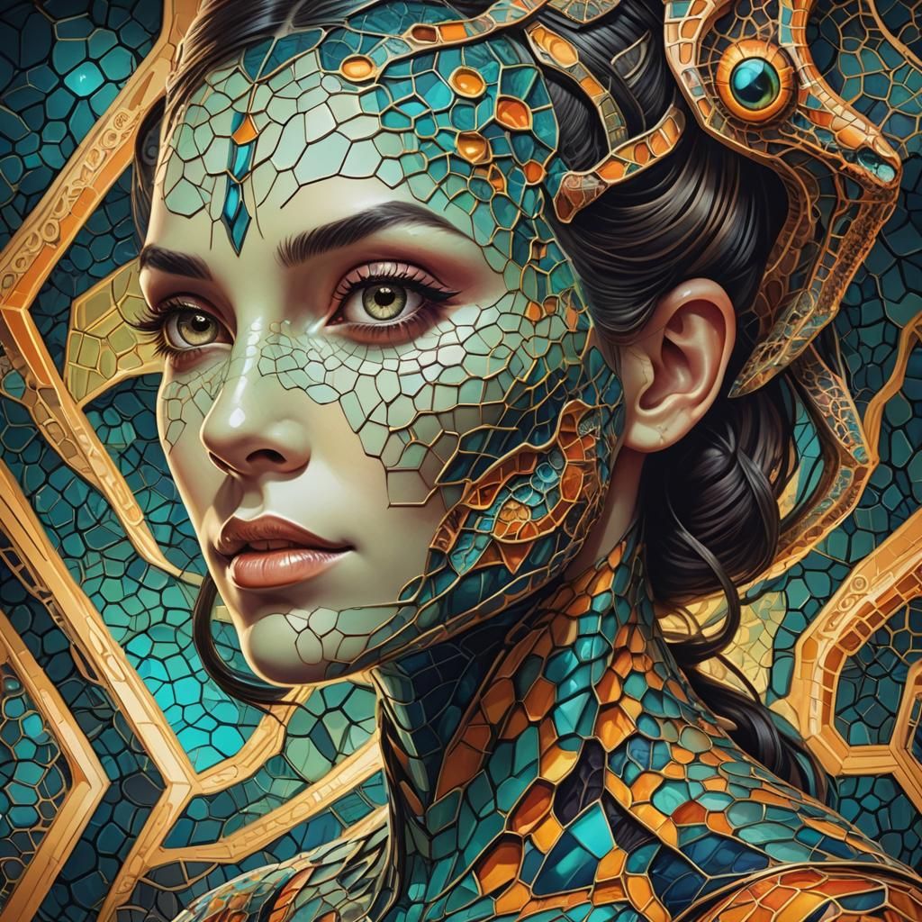 Retro-Futuristic Lady Reptile Hybrid in Fractal Art Style