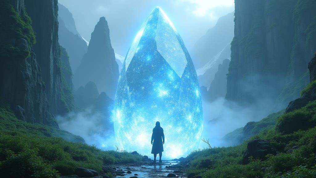 Giant Crystal with Blue Flames in Fantasy Landscape
