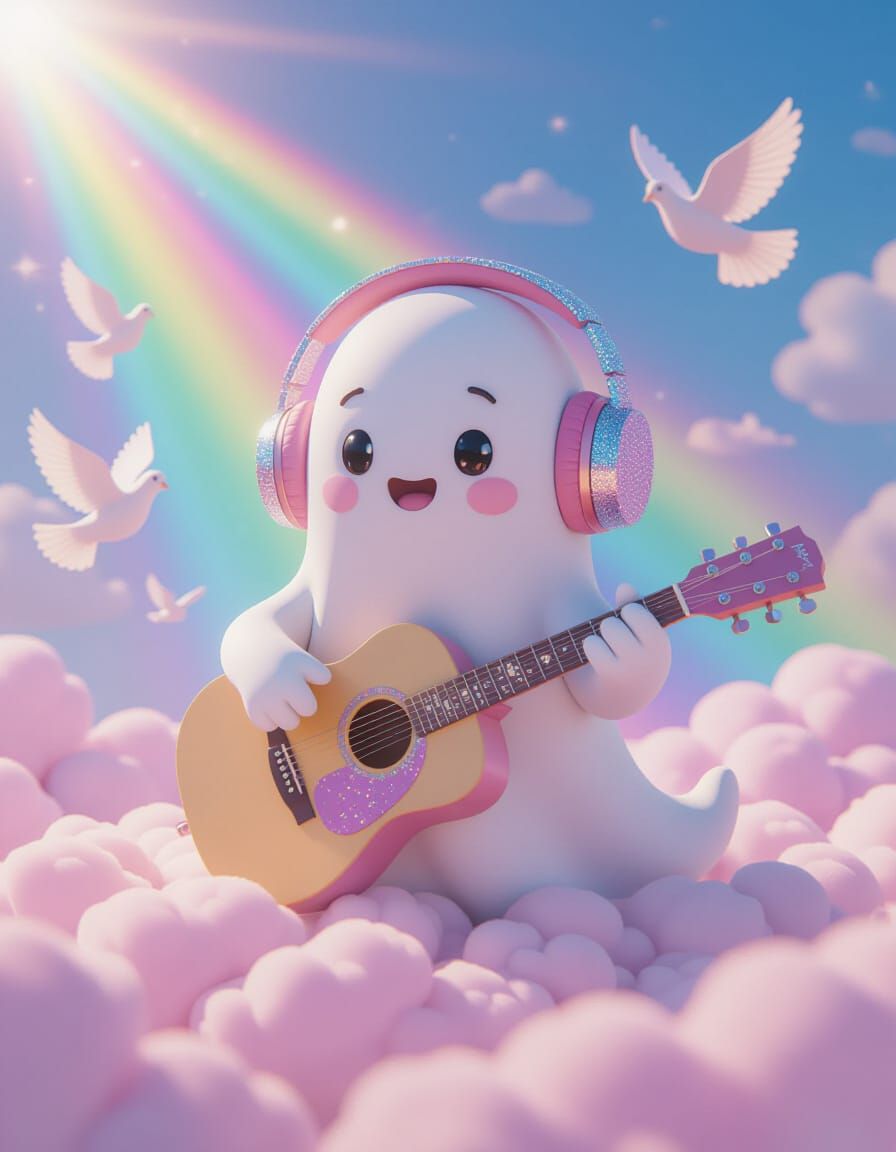 Cute 3D Ghost Plays Pastel Guitar on Cloud Stage