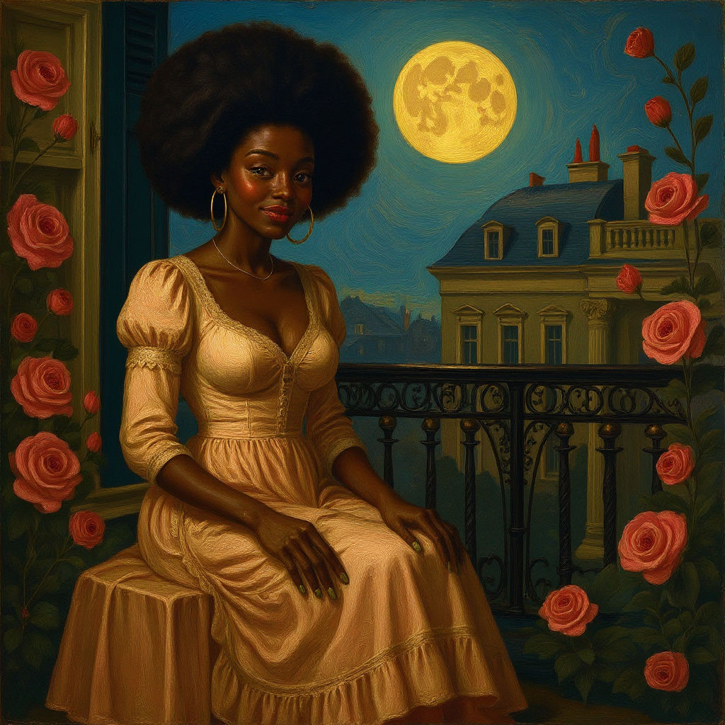 African Beauty in Moonlight, Baroque Oil Painting