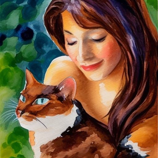 Brunette and Cat: Impressionist Gouache Affection