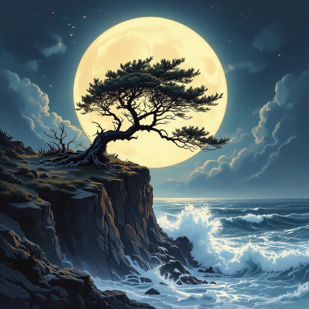 Dramatic Lone Tree Ink Drawing on Cliff at Night