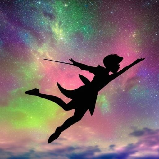 Peter Pan and Tinkerbell Fly in Night Sky