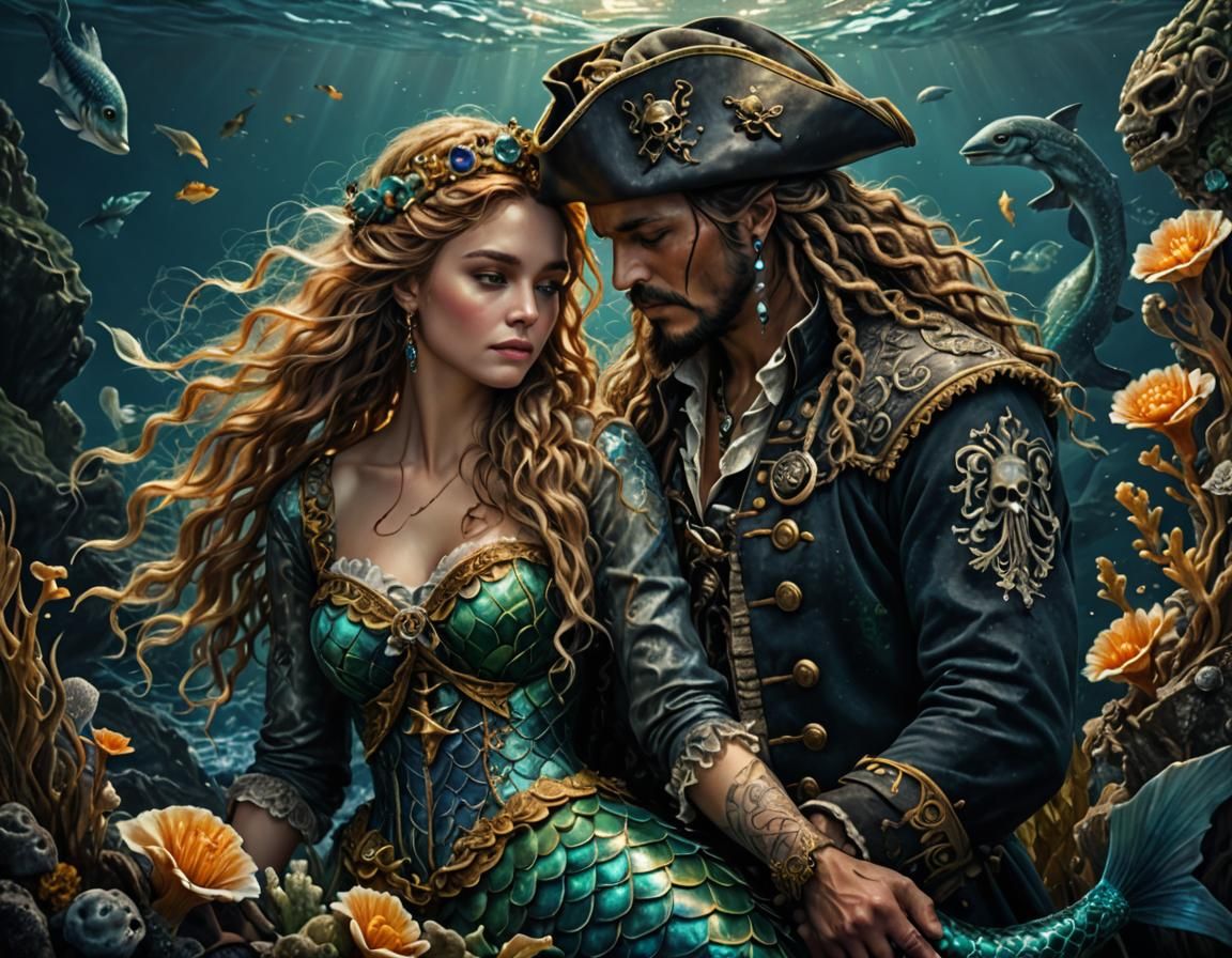 Pirate King and Mermaid Queen Embrace in Charcoal