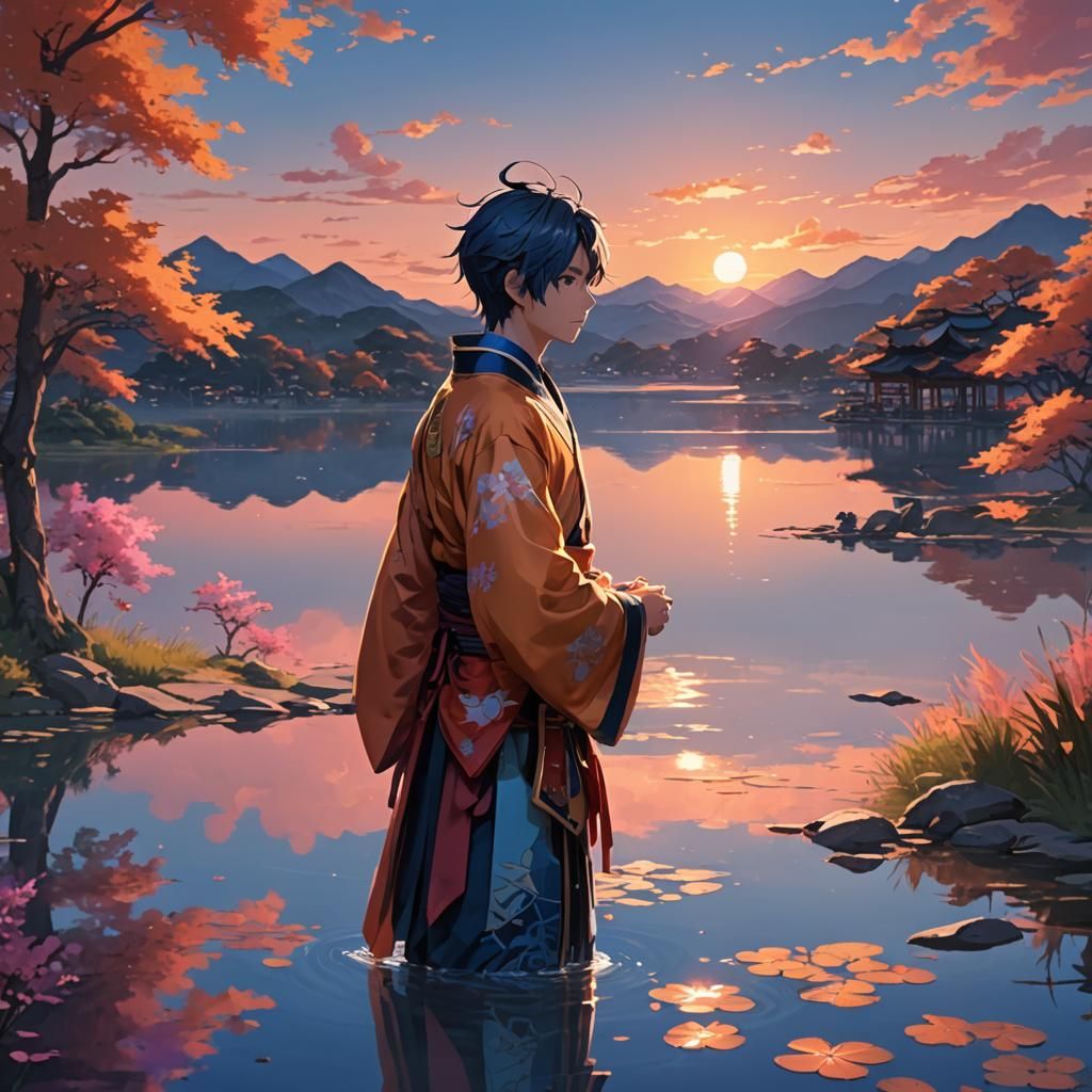 Kaito at Sunset Over Sacred Lake: Anime Art