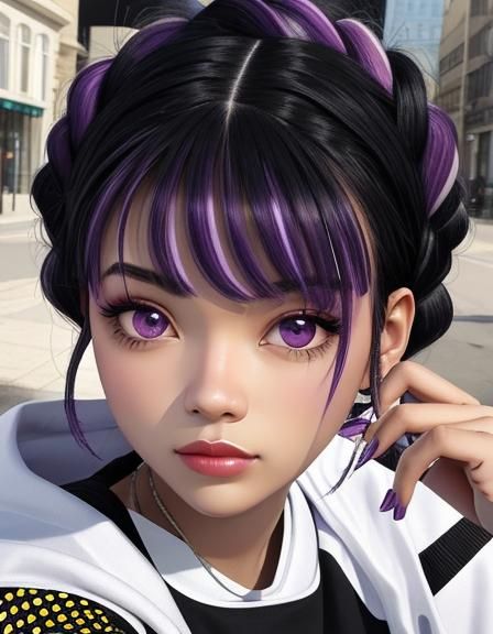 Cartoon Girl with Braids and Purple Highlights