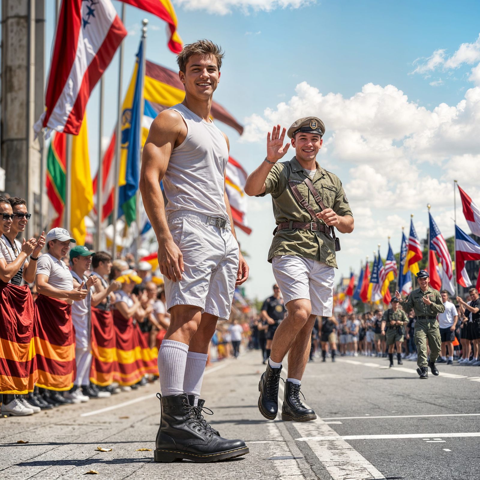 Young Man Smiles as Soldier Boyfriend Waves from Parade