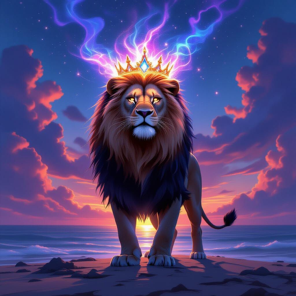 Majestic Lion King with Celestial Crown on Desolate Island