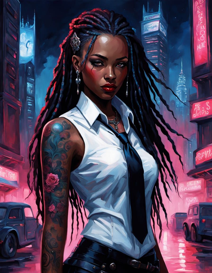 Cyberpunk Woman with Tattoos in Gouache Style