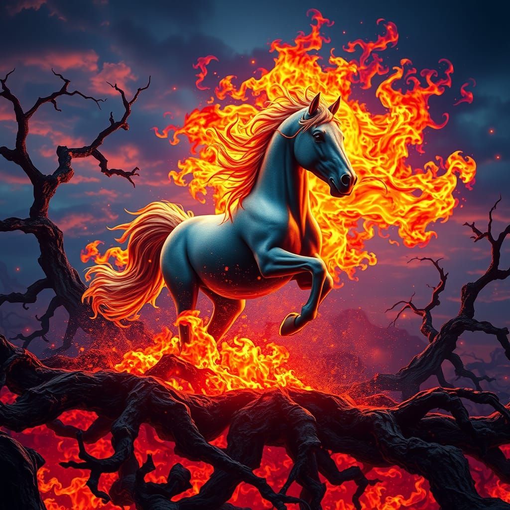 Flaming Grey Horse Galloping Through Inferno