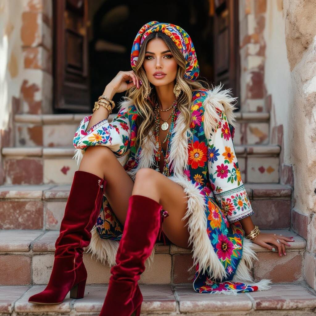 Bohemian Woman on Tiled Steps in Eclectic Style