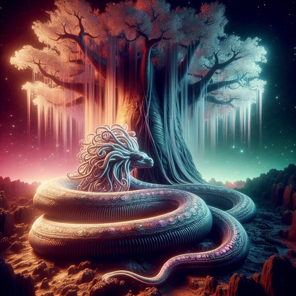 Ethereal Snake Coiling Around Baobab Tree in Astral Light