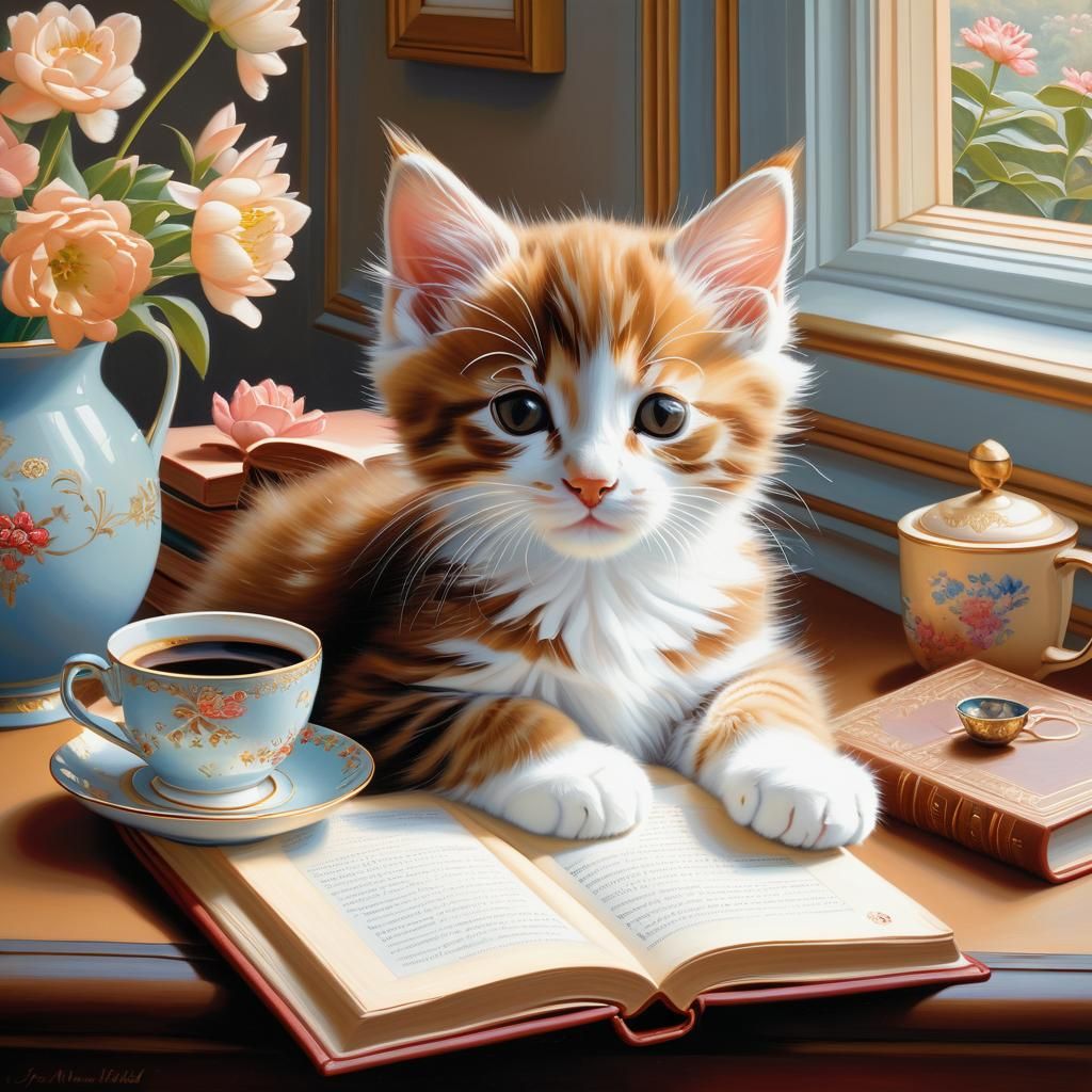 Kitten's Peaceful Nap: Acrylic Painting in Cozy Study