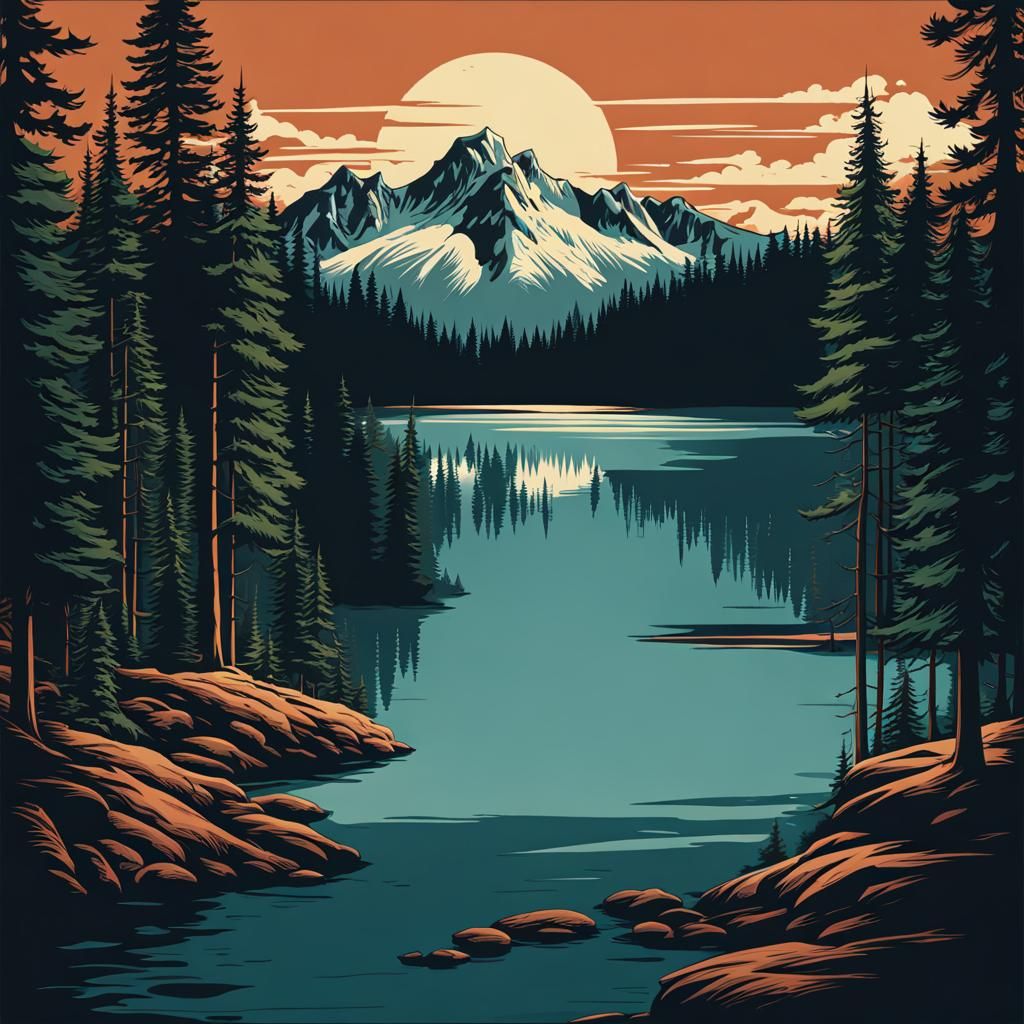 Picturesque Lake View with Pine Trees and Mountains
