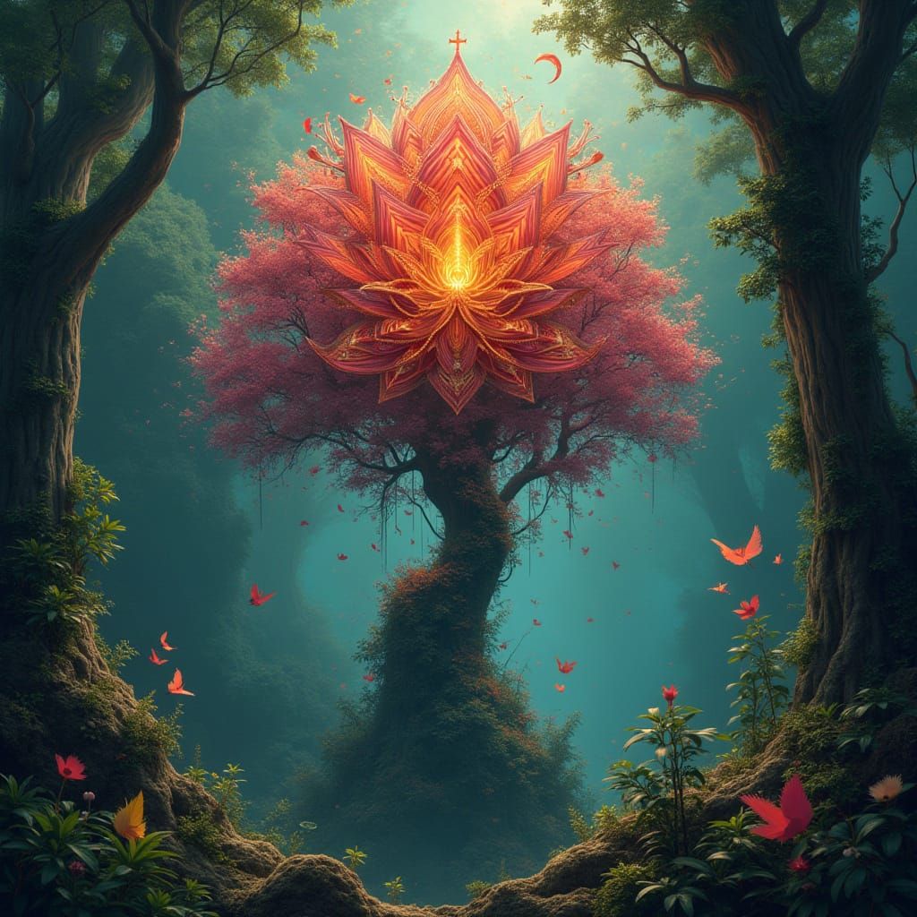 Fibonacci Flower in Jungle, Matte Painting Style