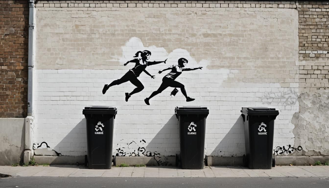 Banksy Gymnast Recycling Bins on Urban Street