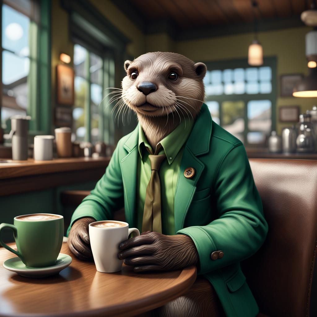 Anthropomorphic Otter Sipping Latte: Digital Matte Painting