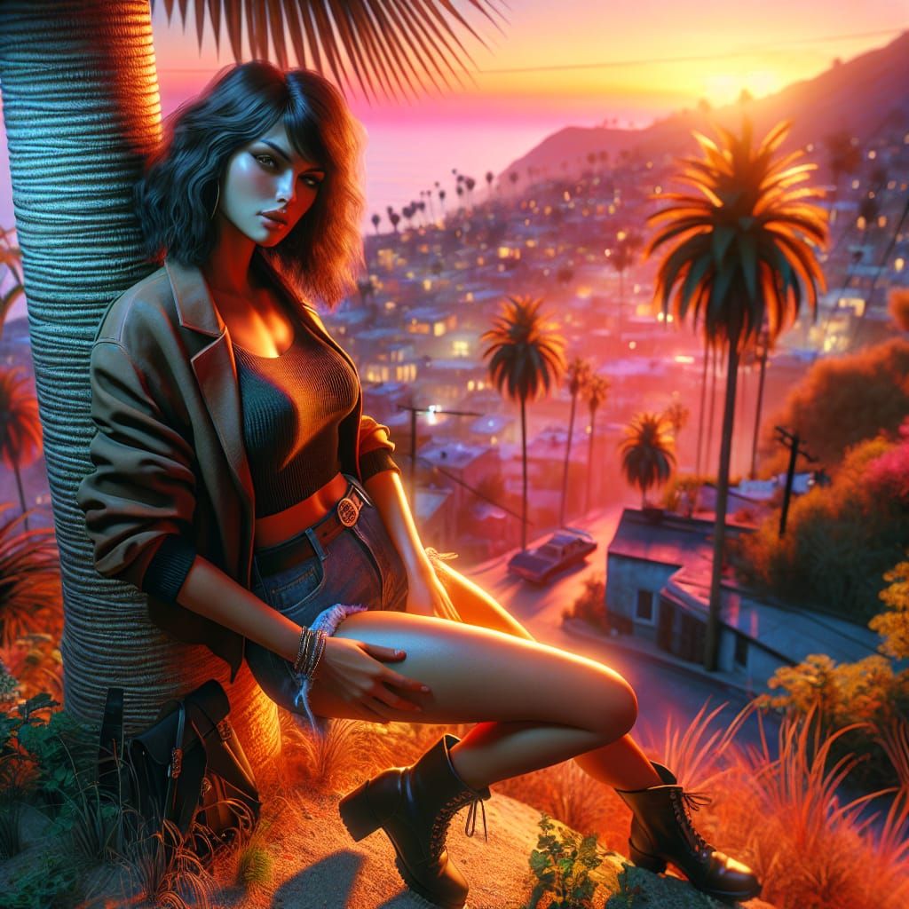 Brunette Woman in Vaporwave Sunset, Matte Painting