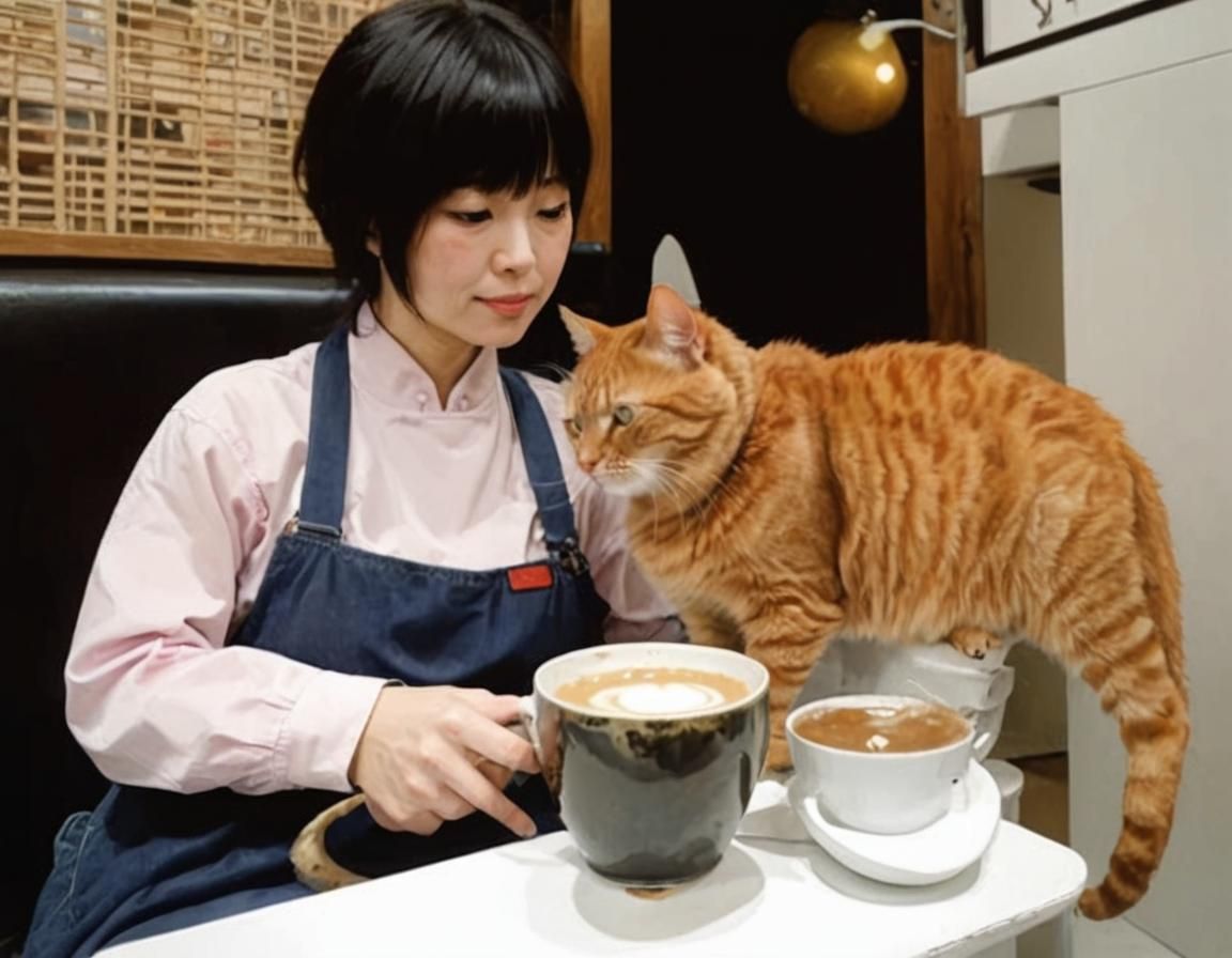 Watercolor Japanese Cat Cafe Art