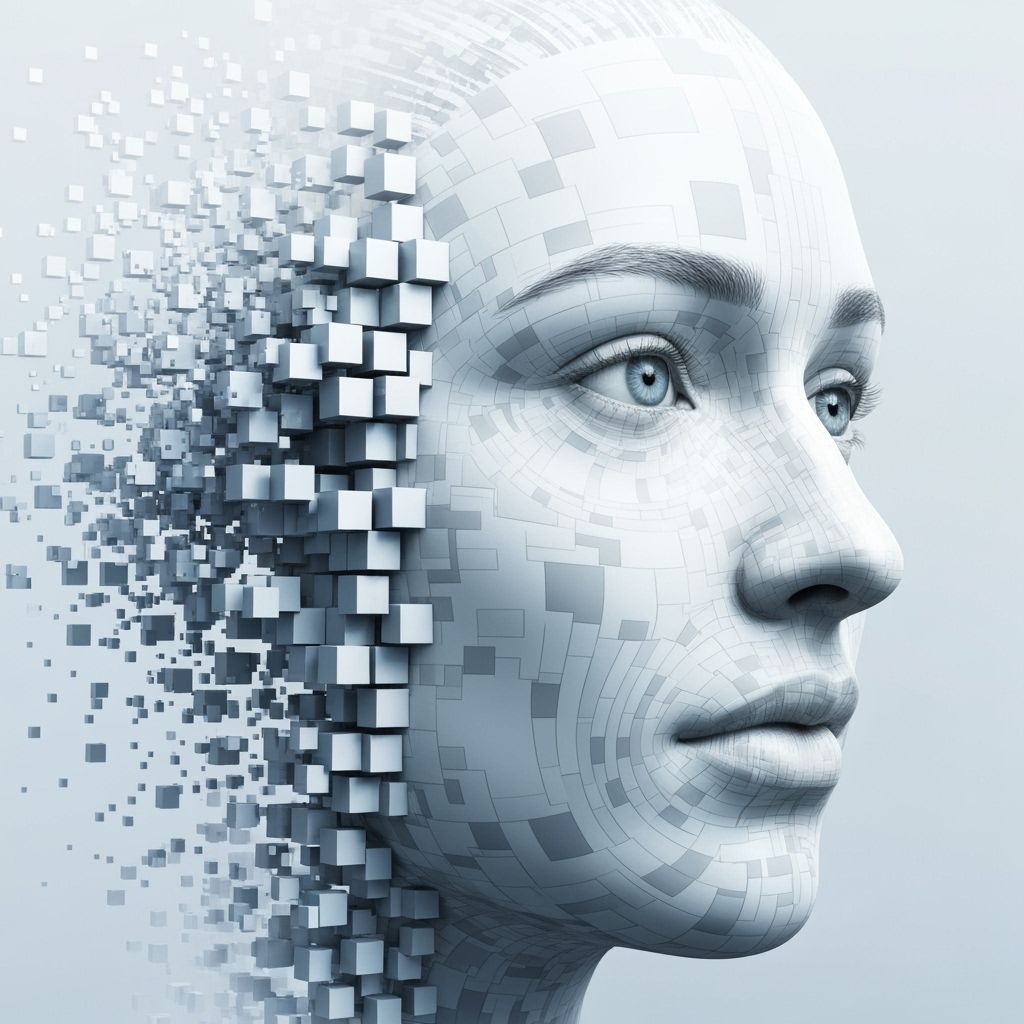 Digital Identity: Face in Profile Dissolving into Pixels