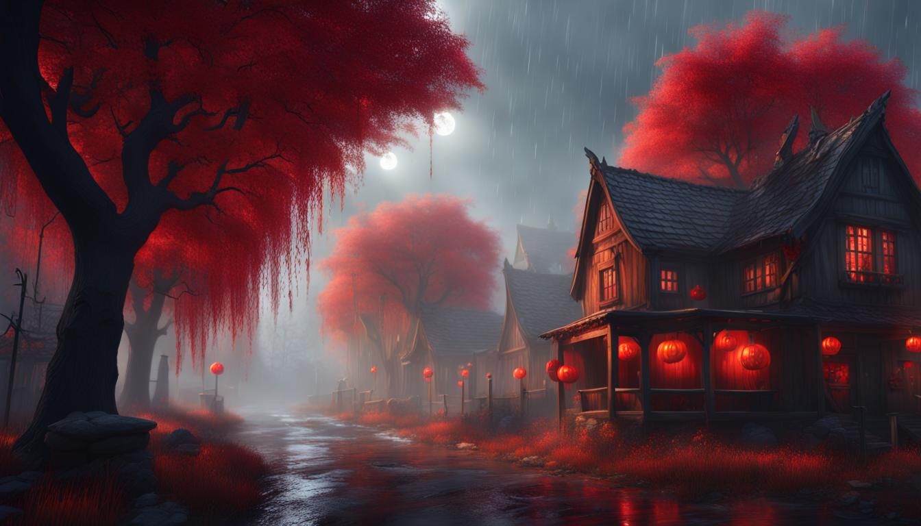 Halloween Ghost in Village Center: Detailed Matte Painting