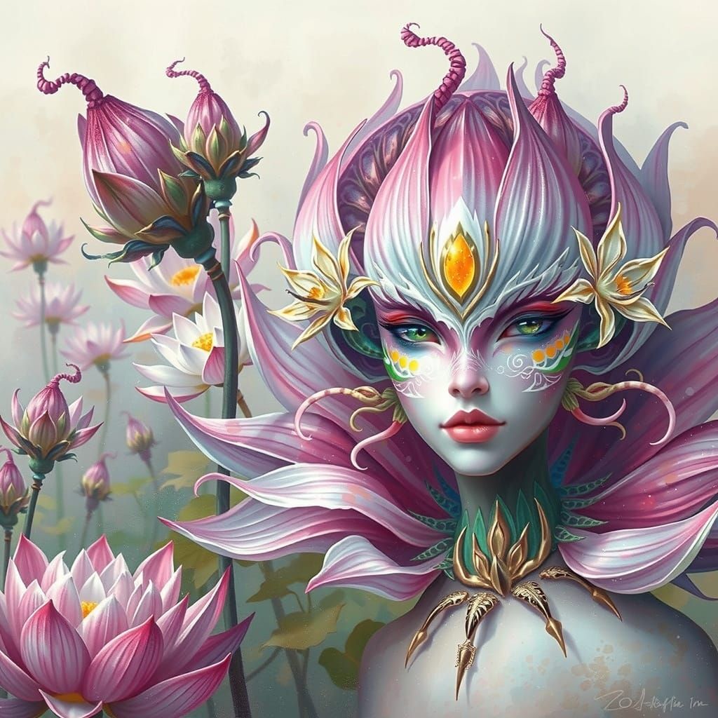 Lotus Flower Creature in Dreamy Watercolor Style