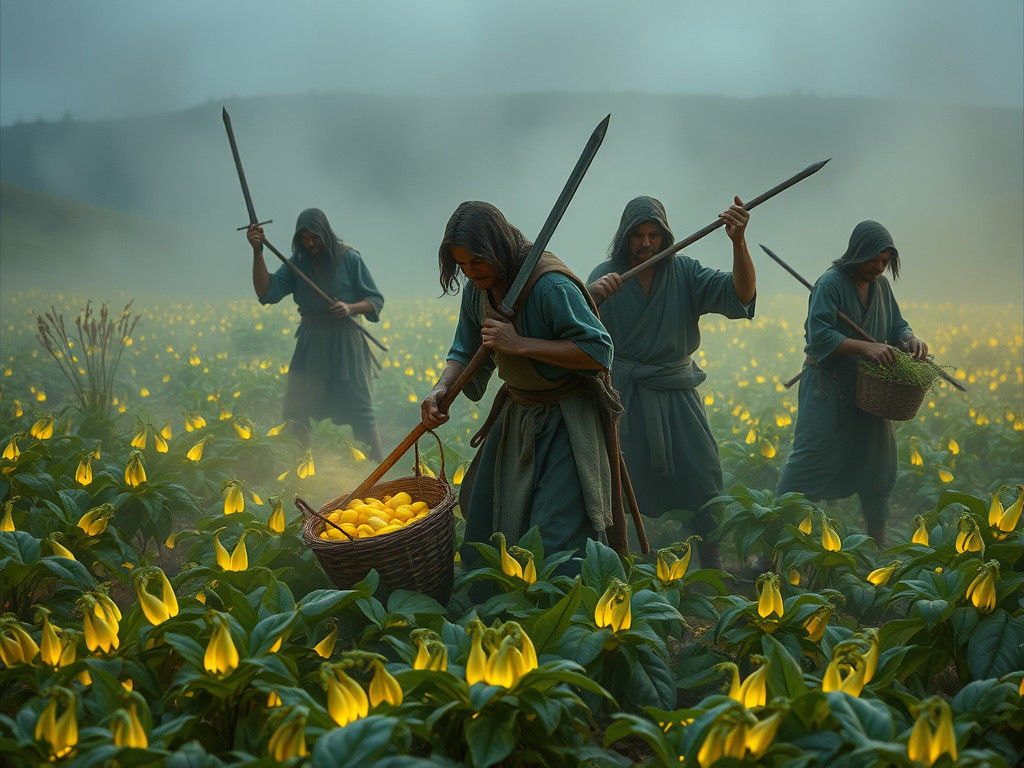 Medieval Peasants Harvest Glowing Magic Beans in a Fantasy L...