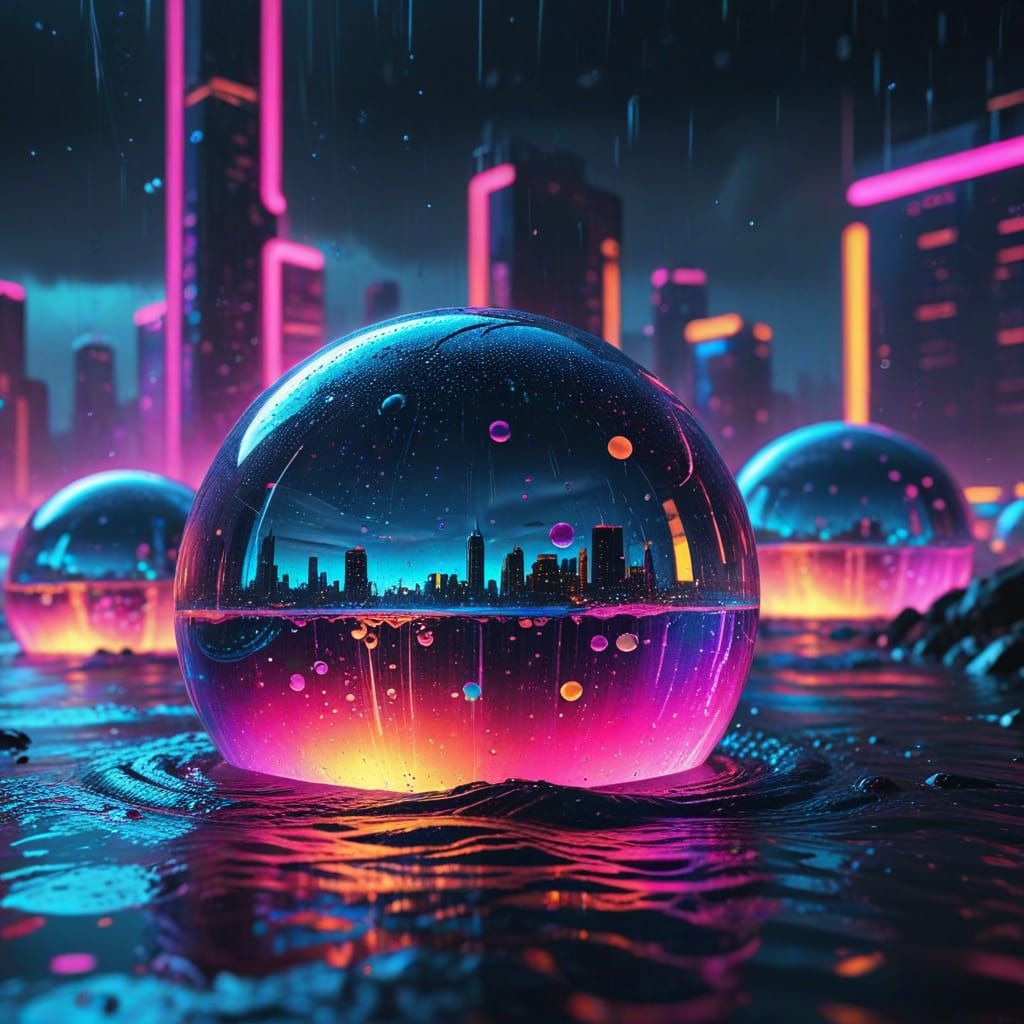 Neon Cityscapes Reflected in Water Bubbles
